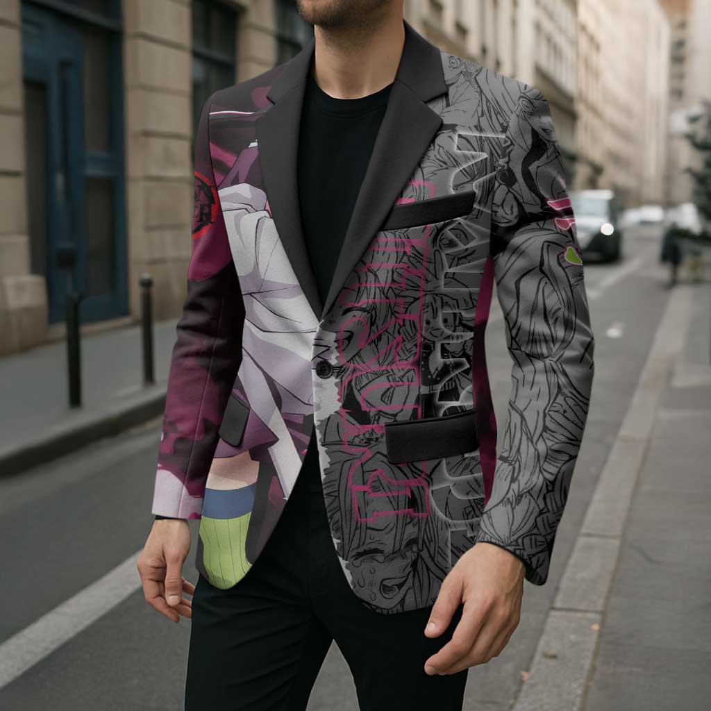Mitsuri Kanroji Demon Slayer Pink and Black Design Blazer with Manga Panels and Love Hashira Theme - The Mazicc