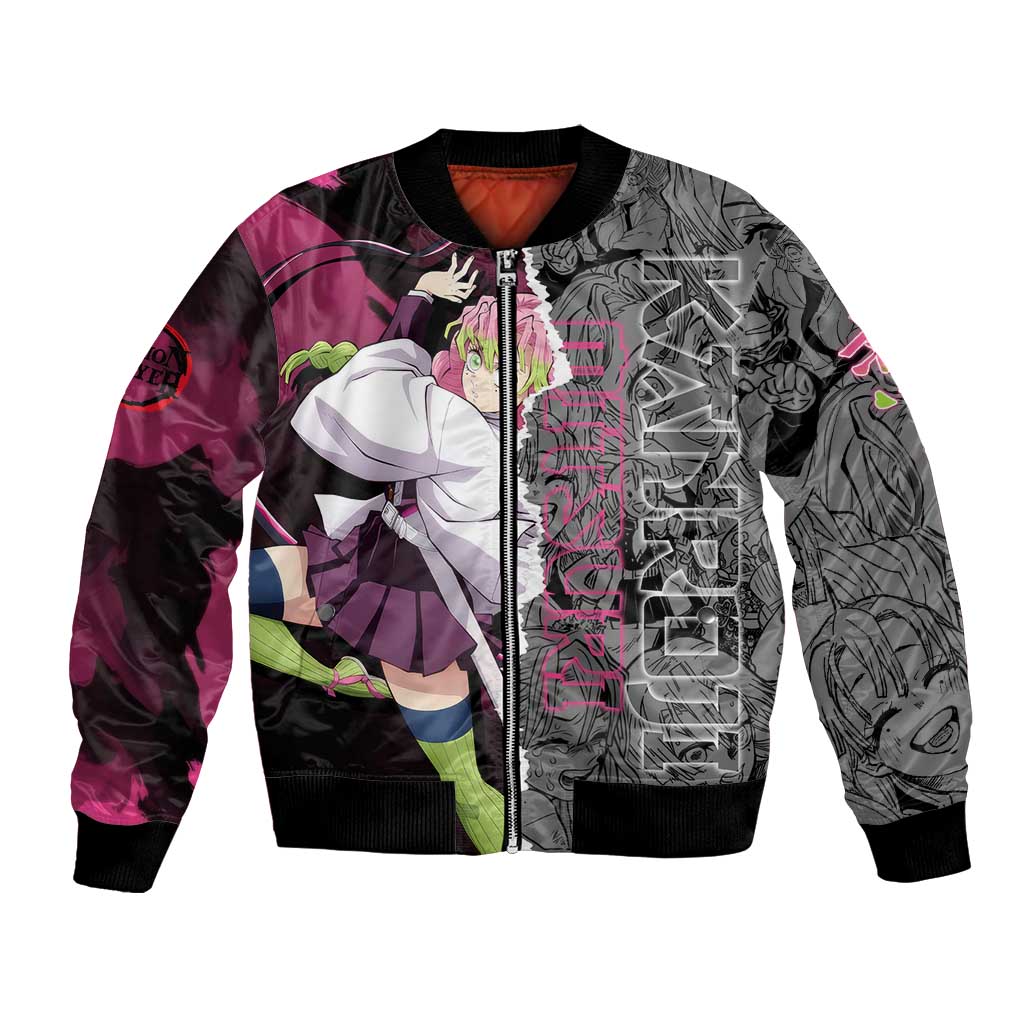 Mitsuri Kanroji Demon Slayer Pink and Black Design Bomber Jacket with Manga Panels and Love Hashira Theme - The Mazicc