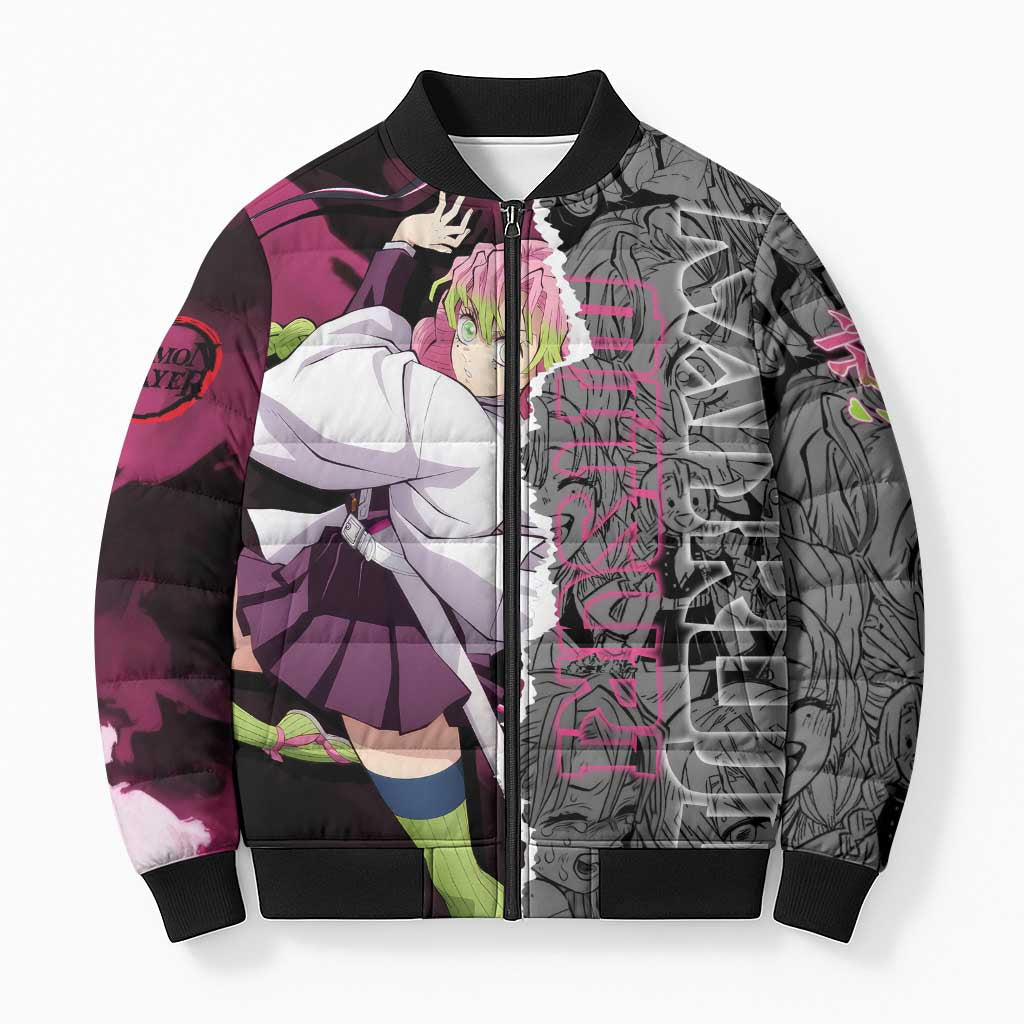 Mitsuri Kanroji Demon Slayer Pink and Black Design Bomber Puffer Jacket with Manga Panels and Love Hashira Theme - The Mazicc