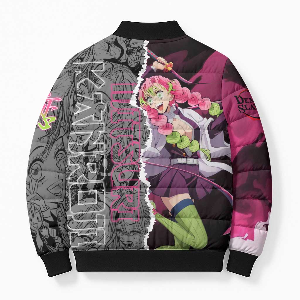 Mitsuri Kanroji Demon Slayer Pink and Black Design Bomber Puffer Jacket with Manga Panels and Love Hashira Theme - The Mazicc