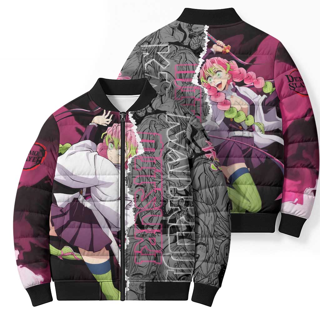 Mitsuri Kanroji Demon Slayer Pink and Black Design Bomber Puffer Jacket with Manga Panels and Love Hashira Theme - The Mazicc