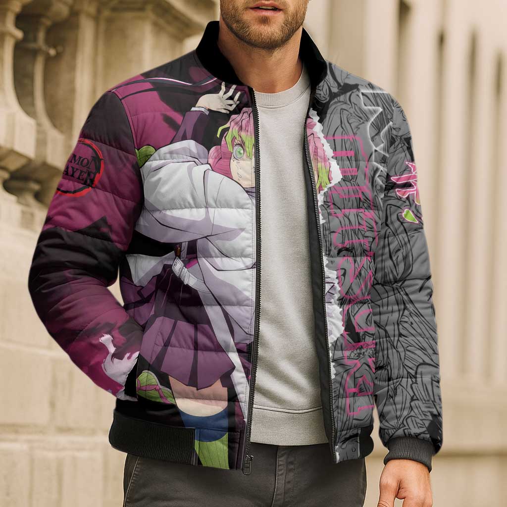Mitsuri Kanroji Demon Slayer Pink and Black Design Bomber Puffer Jacket with Manga Panels and Love Hashira Theme - The Mazicc