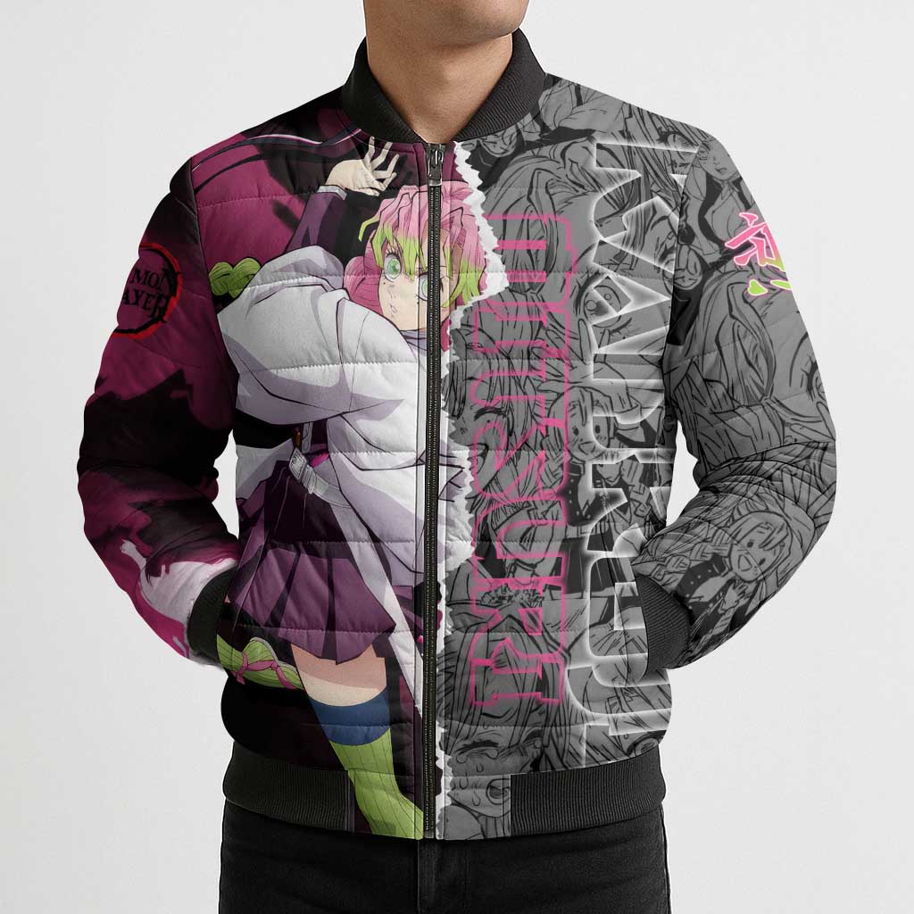 Mitsuri Kanroji Demon Slayer Pink and Black Design Bomber Puffer Jacket with Manga Panels and Love Hashira Theme - The Mazicc