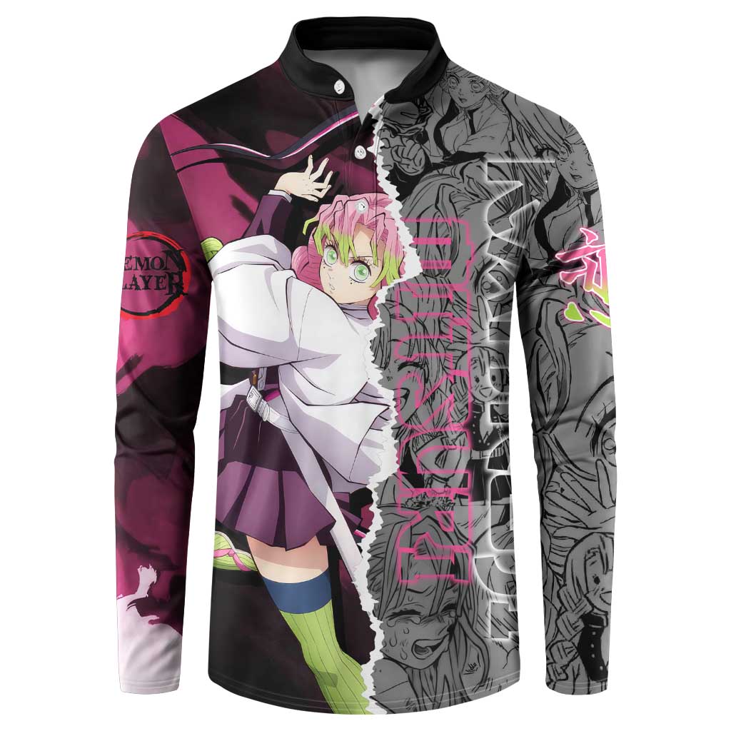 Mitsuri Kanroji Demon Slayer Pink and Black Design Button Sweatshirt with Manga Panels and Love Hashira Theme - The Mazicc