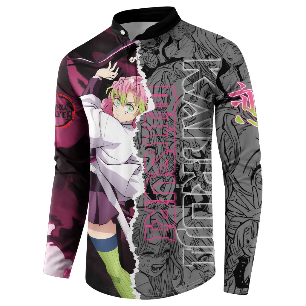 Mitsuri Kanroji Demon Slayer Pink and Black Design Button Sweatshirt with Manga Panels and Love Hashira Theme - The Mazicc