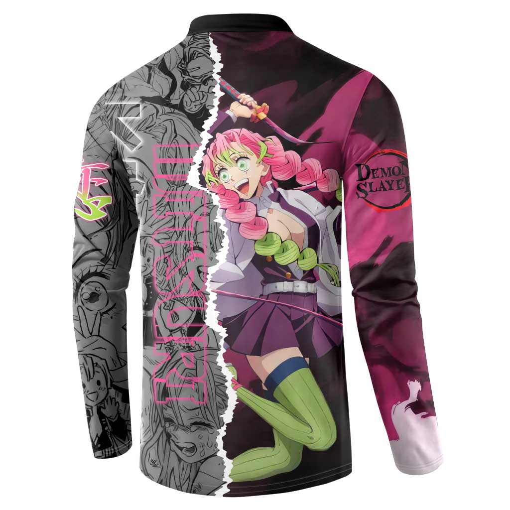 Mitsuri Kanroji Demon Slayer Pink and Black Design Button Sweatshirt with Manga Panels and Love Hashira Theme - The Mazicc