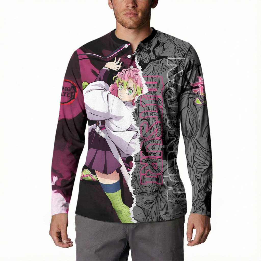 Mitsuri Kanroji Demon Slayer Pink and Black Design Button Sweatshirt with Manga Panels and Love Hashira Theme - The Mazicc