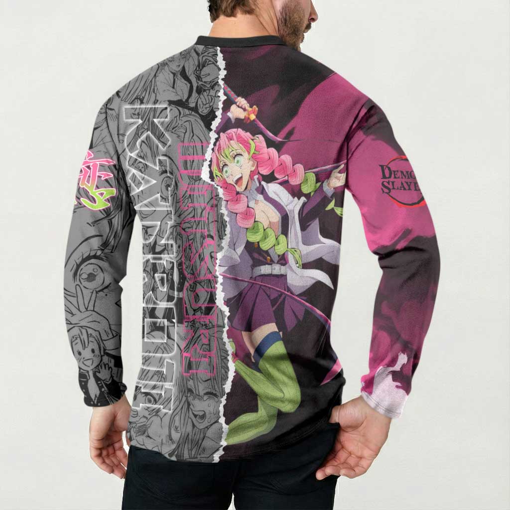 Mitsuri Kanroji Demon Slayer Pink and Black Design Button Sweatshirt with Manga Panels and Love Hashira Theme - The Mazicc