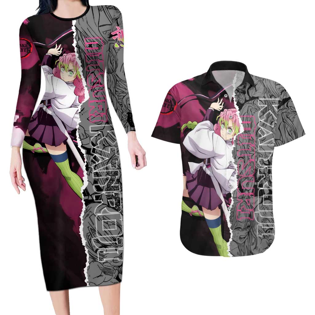 Mitsuri Kanroji Demon Slayer Pink and Black Design Couples Matching Long Sleeve Bodycon Dress and Hawaiian Shirt with Manga Panels and Love Hashira Theme - The Mazicc