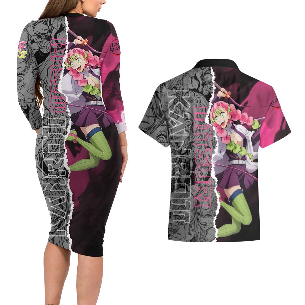 Mitsuri Kanroji Demon Slayer Pink and Black Design Couples Matching Long Sleeve Bodycon Dress and Hawaiian Shirt with Manga Panels and Love Hashira Theme - The Mazicc