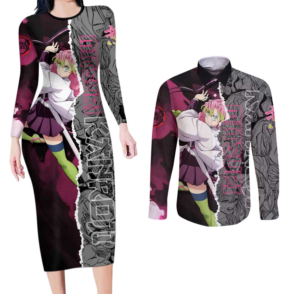 Mitsuri Kanroji Demon Slayer Pink and Black Design Couples Matching Long Sleeve Bodycon Dress and Long Sleeve Button Shirt with Manga Panels and Love Hashira Theme - The Mazicc
