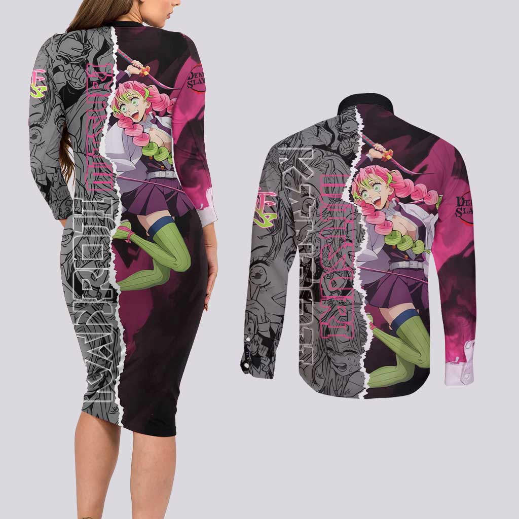 Mitsuri Kanroji Demon Slayer Pink and Black Design Couples Matching Long Sleeve Bodycon Dress and Long Sleeve Button Shirt with Manga Panels and Love Hashira Theme - The Mazicc