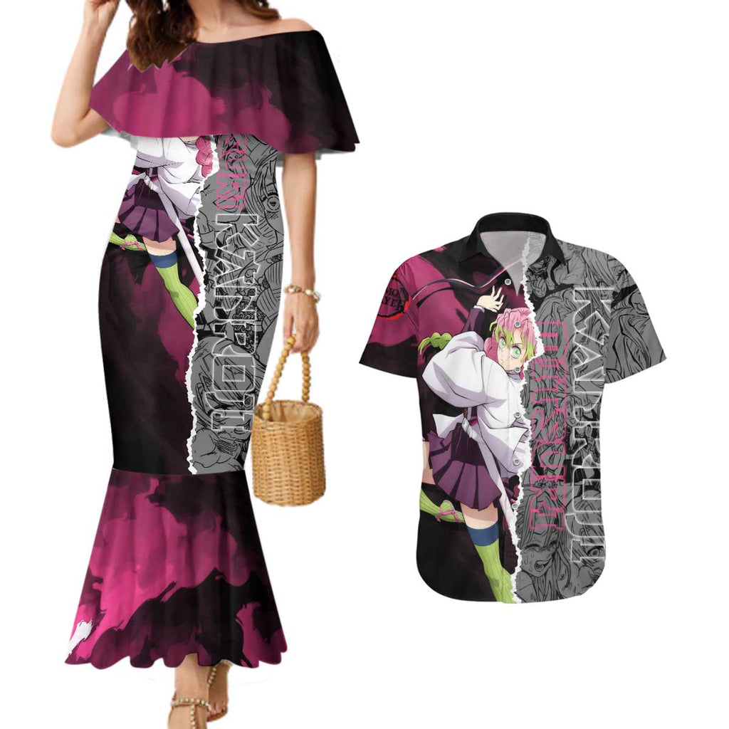 Mitsuri Kanroji Demon Slayer Pink and Black Design Couples Matching Mermaid Dress and Hawaiian Shirt with Manga Panels and Love Hashira Theme - The Mazicc
