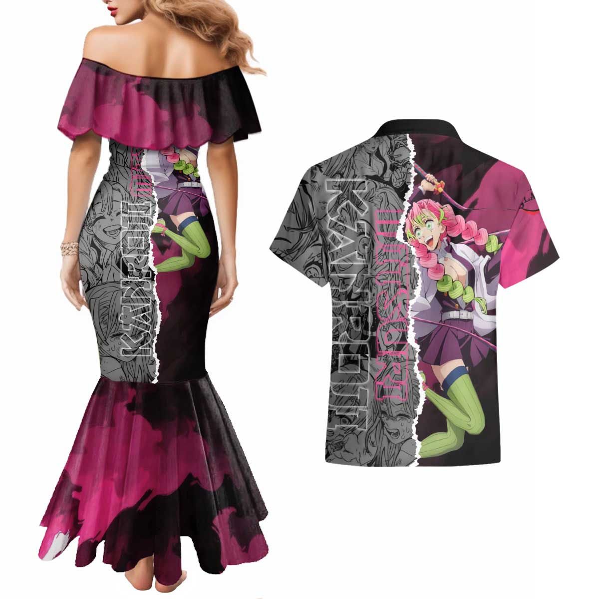 Mitsuri Kanroji Demon Slayer Pink and Black Design Couples Matching Mermaid Dress and Hawaiian Shirt with Manga Panels and Love Hashira Theme - The Mazicc