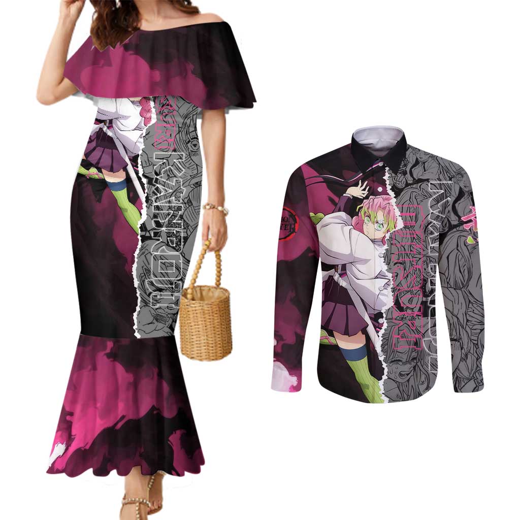Mitsuri Kanroji Demon Slayer Pink and Black Design Couples Matching Mermaid Dress and Long Sleeve Button Shirt with Manga Panels and Love Hashira Theme - The Mazicc