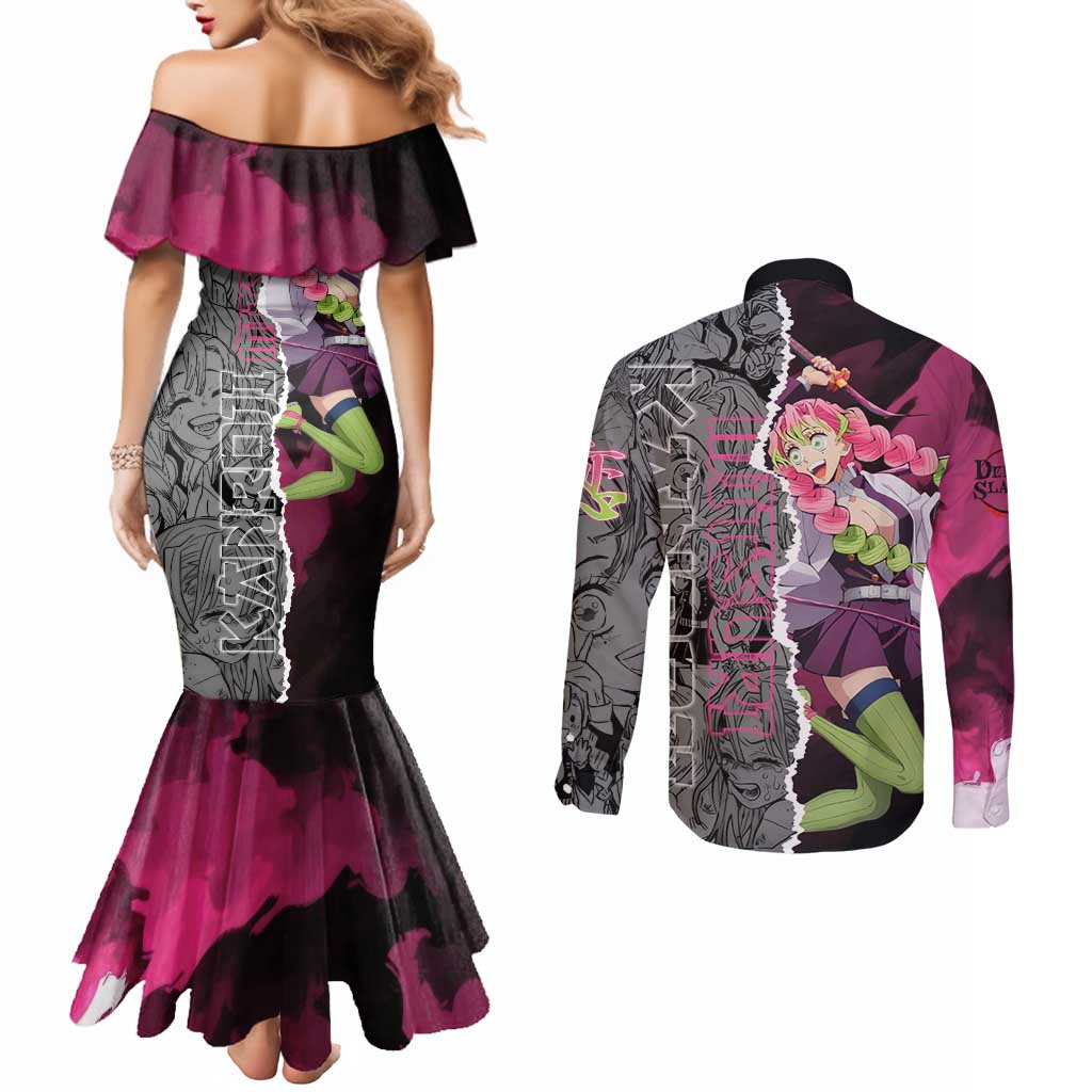 Mitsuri Kanroji Demon Slayer Pink and Black Design Couples Matching Mermaid Dress and Long Sleeve Button Shirt with Manga Panels and Love Hashira Theme - The Mazicc