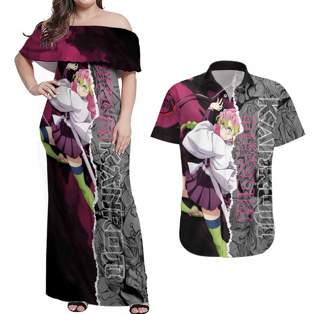Mitsuri Kanroji Demon Slayer Pink and Black Design Couples Matching Off Shoulder Maxi Dress and Hawaiian Shirt with Manga Panels and Love Hashira Theme - The Mazicc