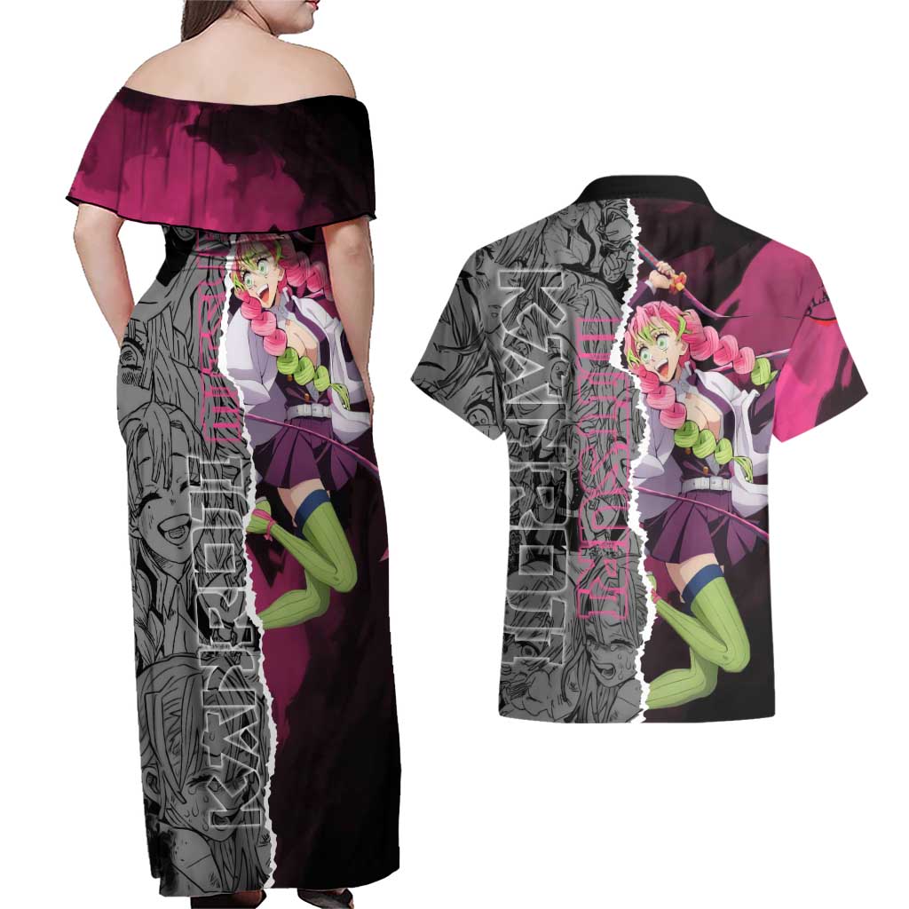 Mitsuri Kanroji Demon Slayer Pink and Black Design Couples Matching Off Shoulder Maxi Dress and Hawaiian Shirt with Manga Panels and Love Hashira Theme - The Mazicc