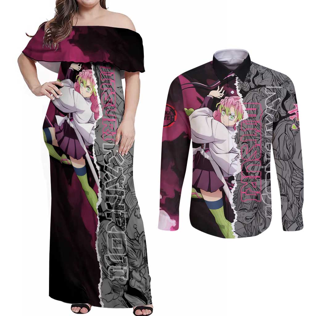 Mitsuri Kanroji Demon Slayer Pink and Black Design Couples Matching Off Shoulder Maxi Dress and Long Sleeve Button Shirt with Manga Panels and Love Hashira Theme - The Mazicc