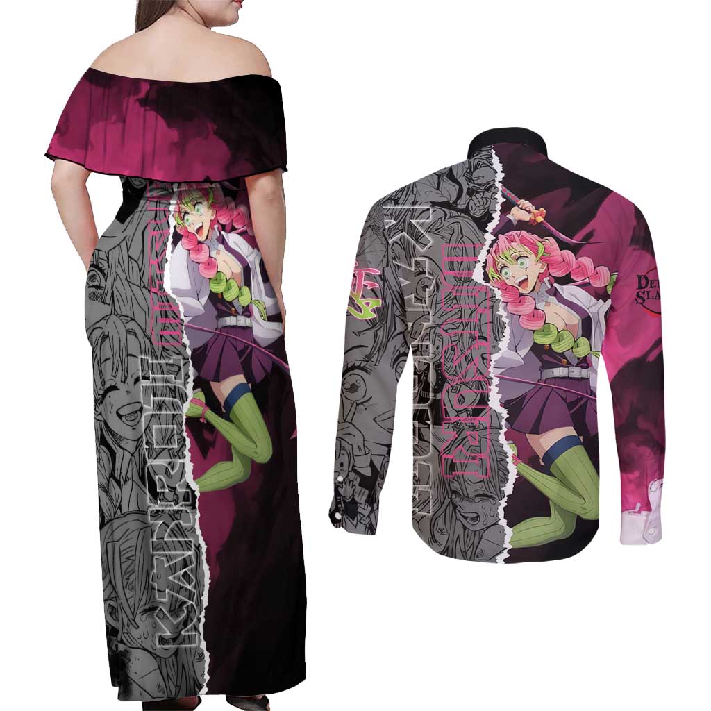 Mitsuri Kanroji Demon Slayer Pink and Black Design Couples Matching Off Shoulder Maxi Dress and Long Sleeve Button Shirt with Manga Panels and Love Hashira Theme - The Mazicc