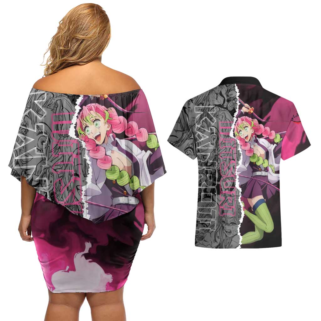 Mitsuri Kanroji Demon Slayer Pink and Black Design Couples Matching Off Shoulder Short Dress and Hawaiian Shirt with Manga Panels and Love Hashira Theme - The Mazicc