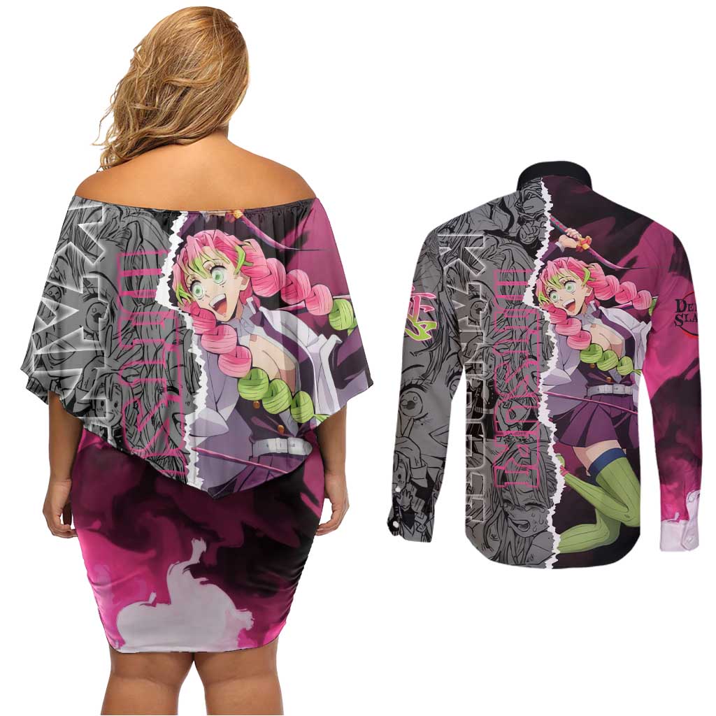 Mitsuri Kanroji Demon Slayer Pink and Black Design Couples Matching Off Shoulder Short Dress and Long Sleeve Button Shirt with Manga Panels and Love Hashira Theme - The Mazicc