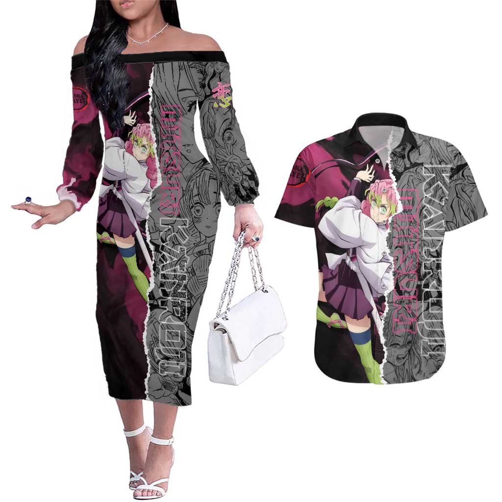 Mitsuri Kanroji Demon Slayer Pink and Black Design Couples Matching Off The Shoulder Long Sleeve Dress and Hawaiian Shirt with Manga Panels and Love Hashira Theme - The Mazicc