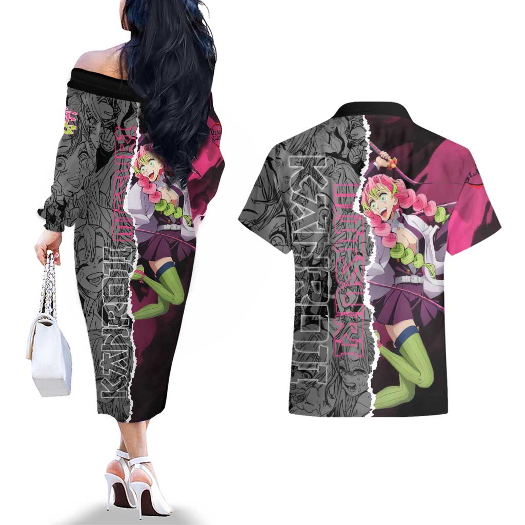 Mitsuri Kanroji Demon Slayer Pink and Black Design Couples Matching Off The Shoulder Long Sleeve Dress and Hawaiian Shirt with Manga Panels and Love Hashira Theme - The Mazicc