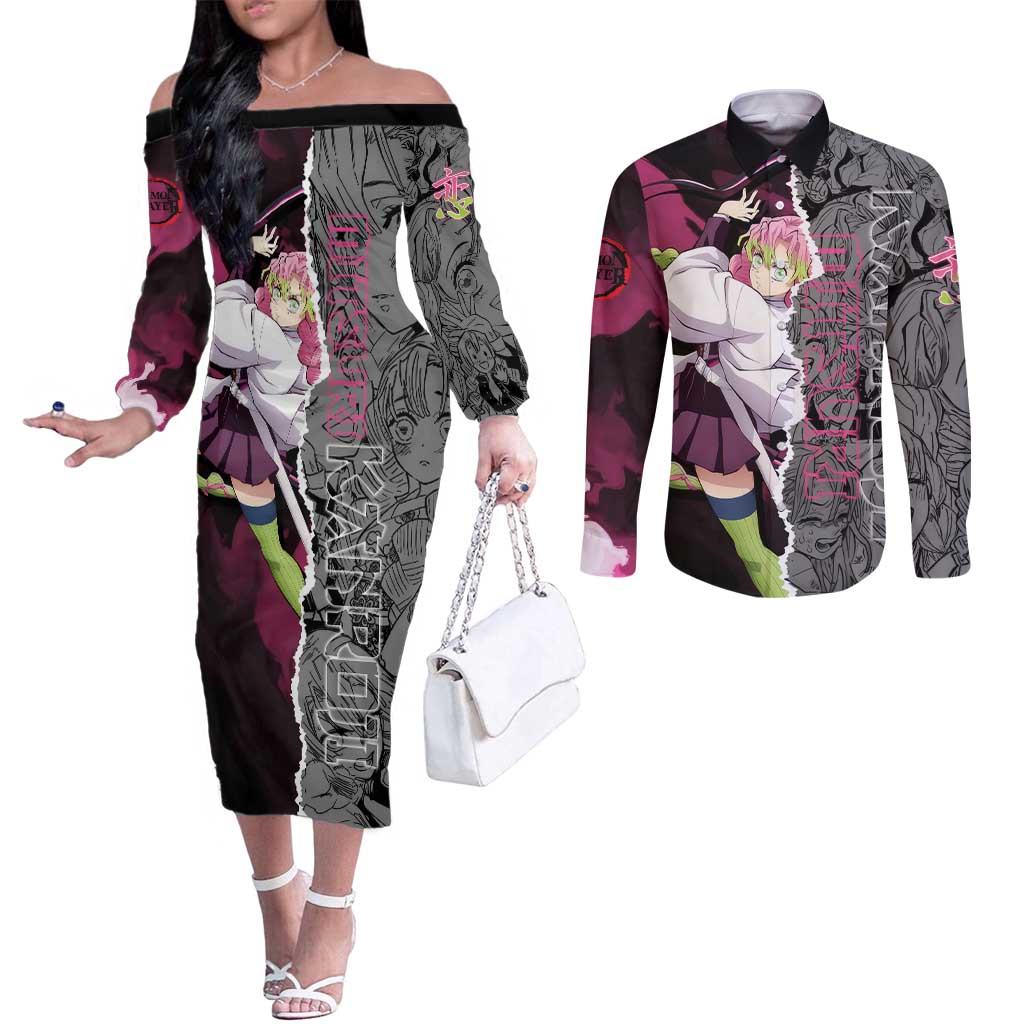 Mitsuri Kanroji Demon Slayer Pink and Black Design Couples Matching Off The Shoulder Long Sleeve Dress and Long Sleeve Button Shirt with Manga Panels and Love Hashira Theme - The Mazicc
