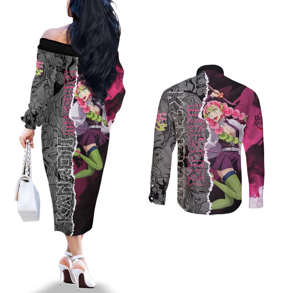 Mitsuri Kanroji Demon Slayer Pink and Black Design Couples Matching Off The Shoulder Long Sleeve Dress and Long Sleeve Button Shirt with Manga Panels and Love Hashira Theme - The Mazicc