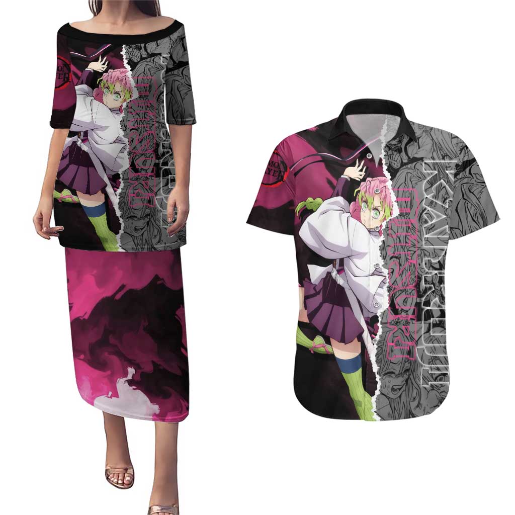 Mitsuri Kanroji Demon Slayer Pink and Black Design Couples Matching Puletasi and Hawaiian Shirt with Manga Panels and Love Hashira Theme - The Mazicc