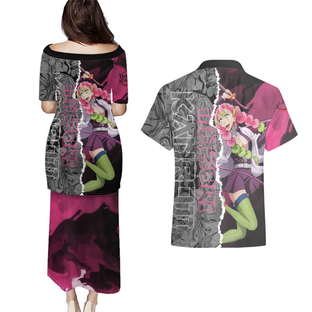 Mitsuri Kanroji Demon Slayer Pink and Black Design Couples Matching Puletasi and Hawaiian Shirt with Manga Panels and Love Hashira Theme - The Mazicc