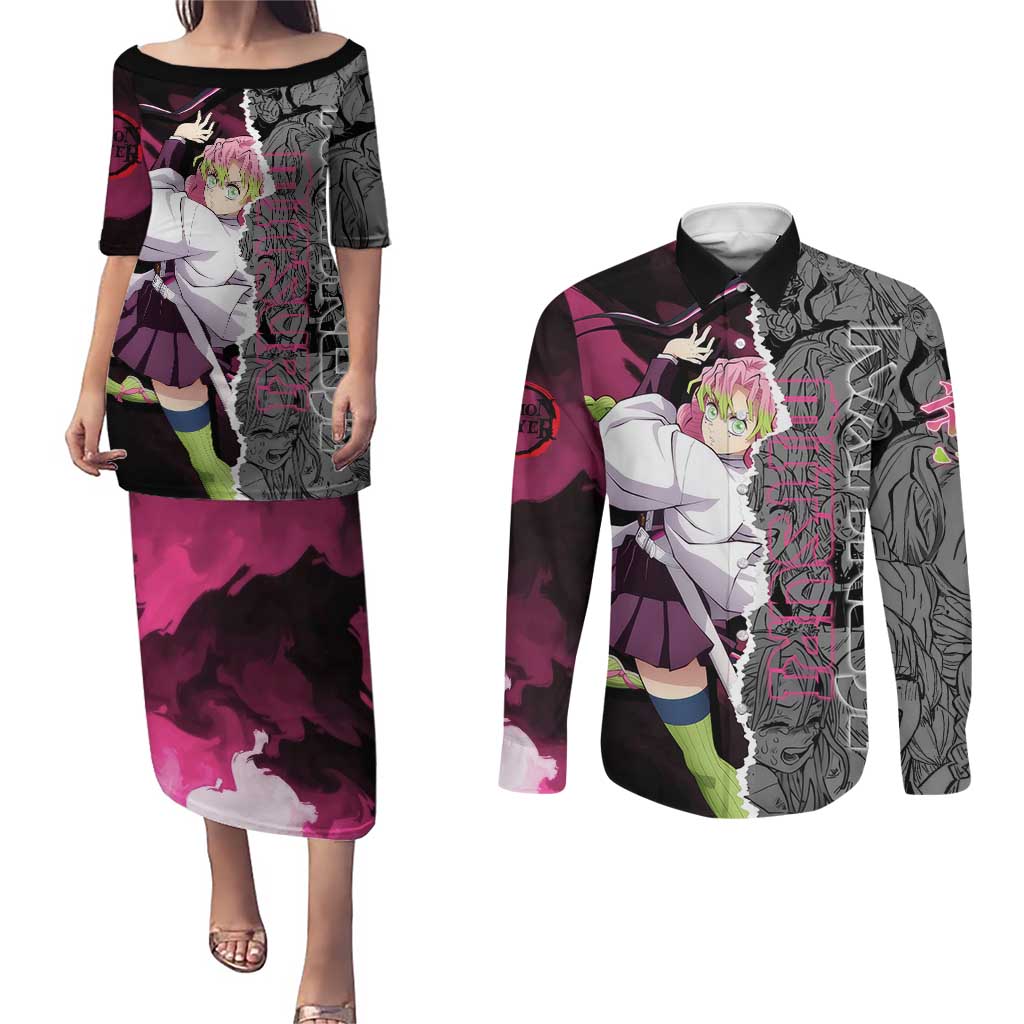 Mitsuri Kanroji Demon Slayer Pink and Black Design Couples Matching Puletasi and Long Sleeve Button Shirt with Manga Panels and Love Hashira Theme - The Mazicc