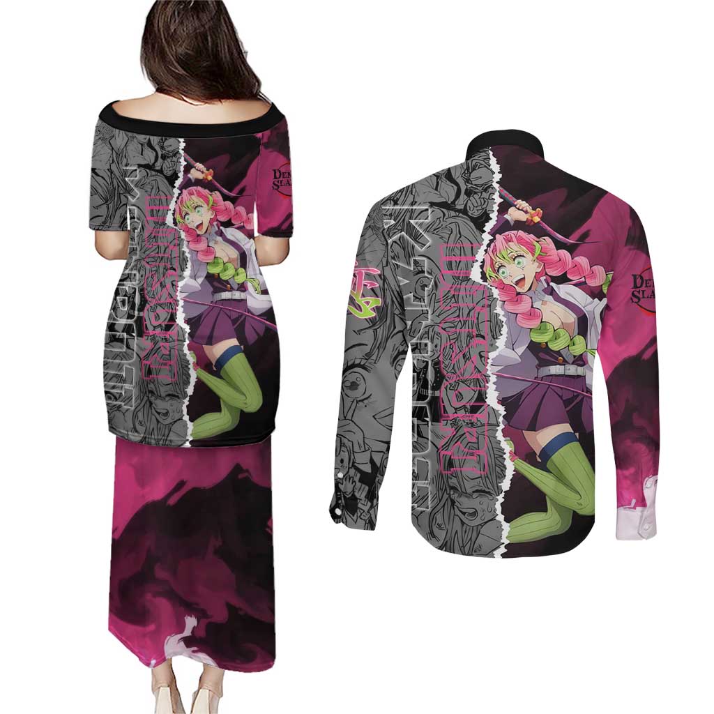 Mitsuri Kanroji Demon Slayer Pink and Black Design Couples Matching Puletasi and Long Sleeve Button Shirt with Manga Panels and Love Hashira Theme - The Mazicc