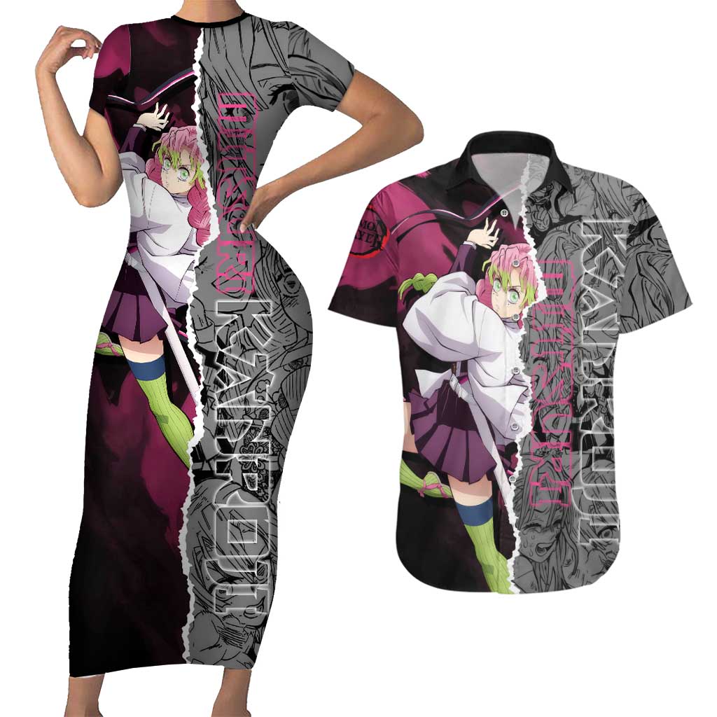 Mitsuri Kanroji Demon Slayer Pink and Black Design Couples Matching Short Sleeve Bodycon Dress and Hawaiian Shirt with Manga Panels and Love Hashira Theme - The Mazicc