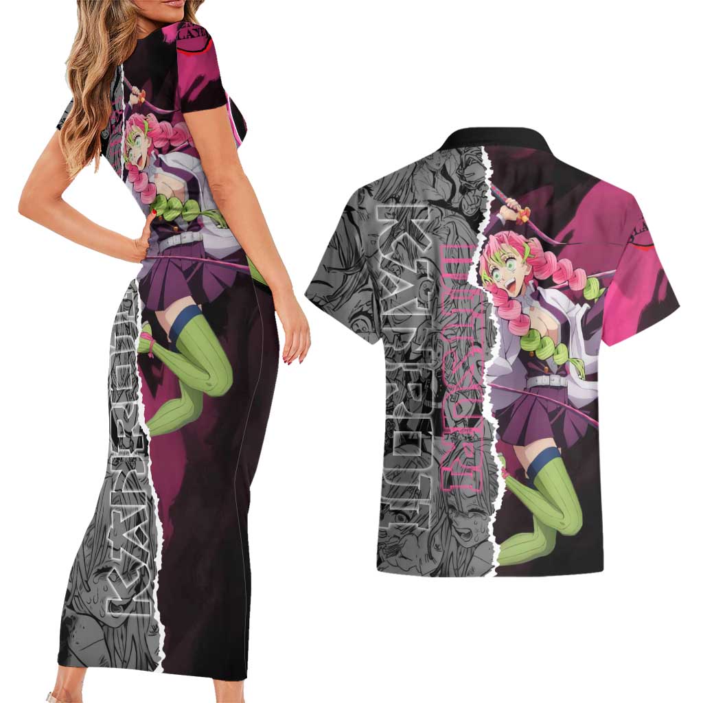 Mitsuri Kanroji Demon Slayer Pink and Black Design Couples Matching Short Sleeve Bodycon Dress and Hawaiian Shirt with Manga Panels and Love Hashira Theme - The Mazicc