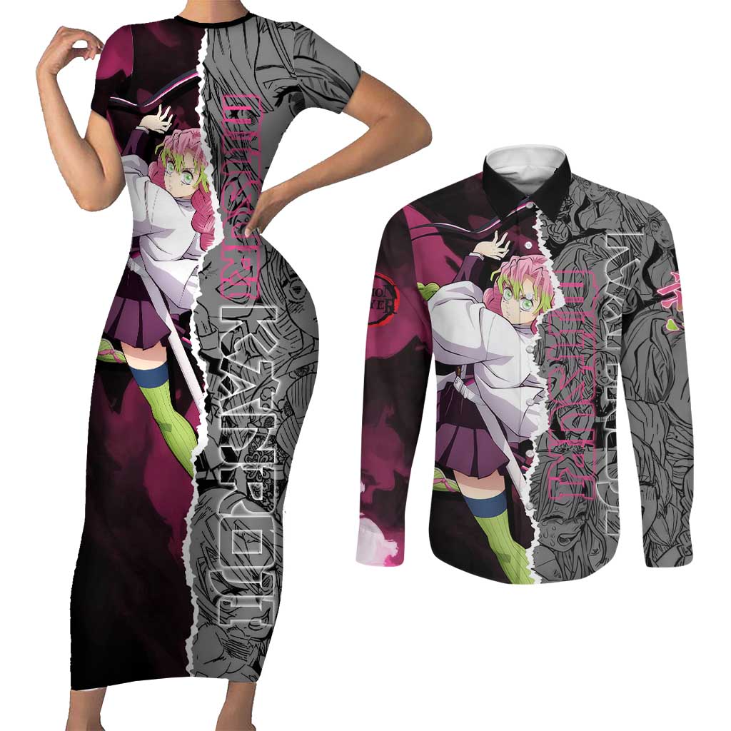 Mitsuri Kanroji Demon Slayer Pink and Black Design Couples Matching Short Sleeve Bodycon Dress and Long Sleeve Button Shirt with Manga Panels and Love Hashira Theme - The Mazicc