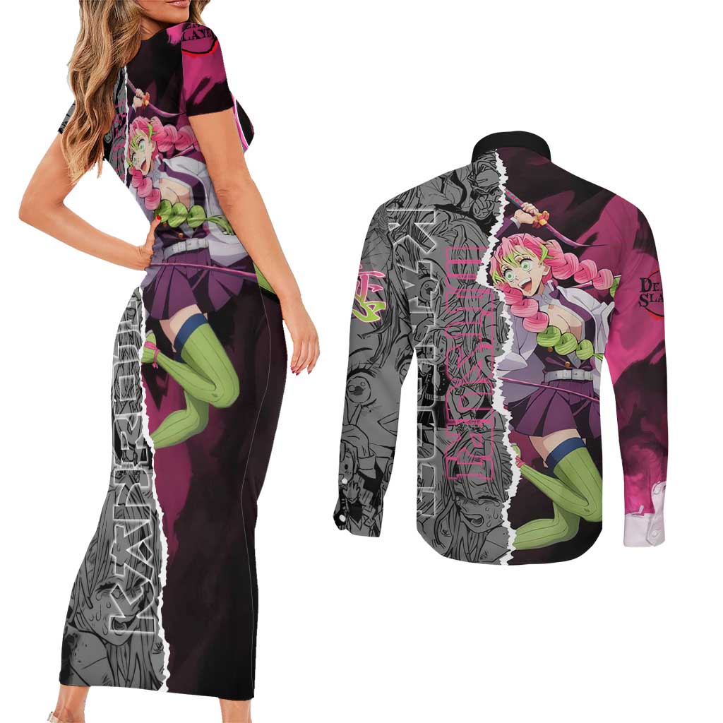 Mitsuri Kanroji Demon Slayer Pink and Black Design Couples Matching Short Sleeve Bodycon Dress and Long Sleeve Button Shirt with Manga Panels and Love Hashira Theme - The Mazicc
