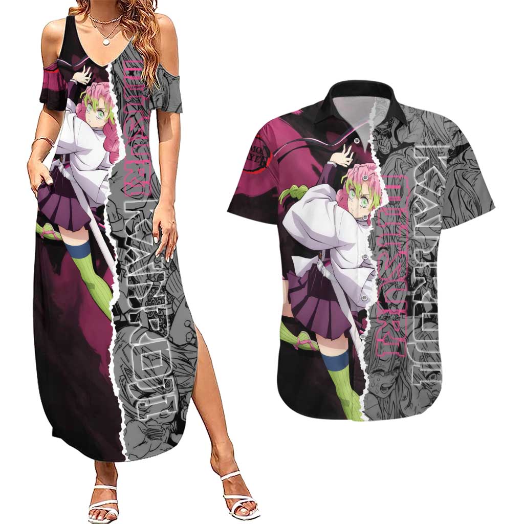Mitsuri Kanroji Demon Slayer Pink and Black Design Couples Matching Summer Maxi Dress and Hawaiian Shirt with Manga Panels and Love Hashira Theme - The Mazicc