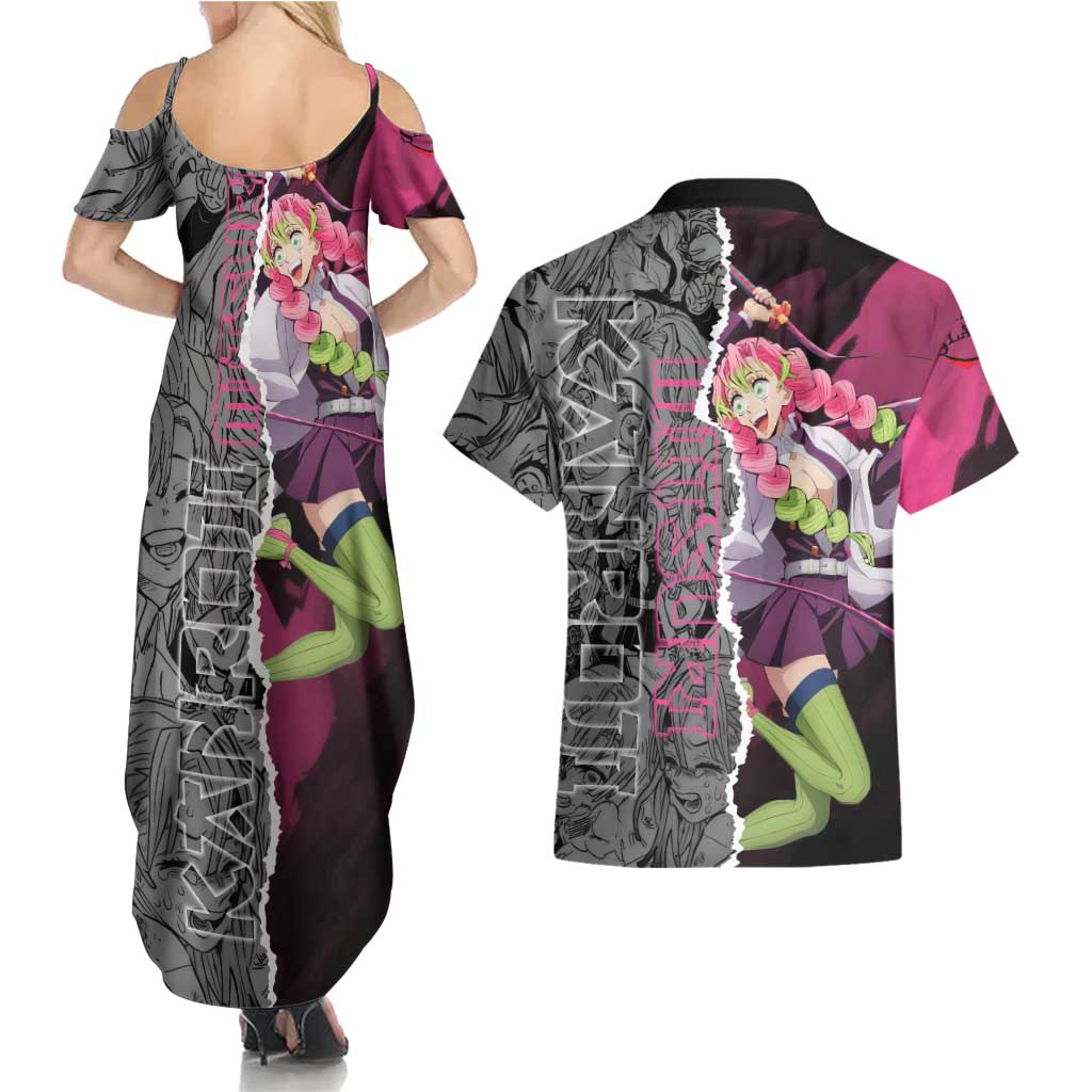 Mitsuri Kanroji Demon Slayer Pink and Black Design Couples Matching Summer Maxi Dress and Hawaiian Shirt with Manga Panels and Love Hashira Theme - The Mazicc