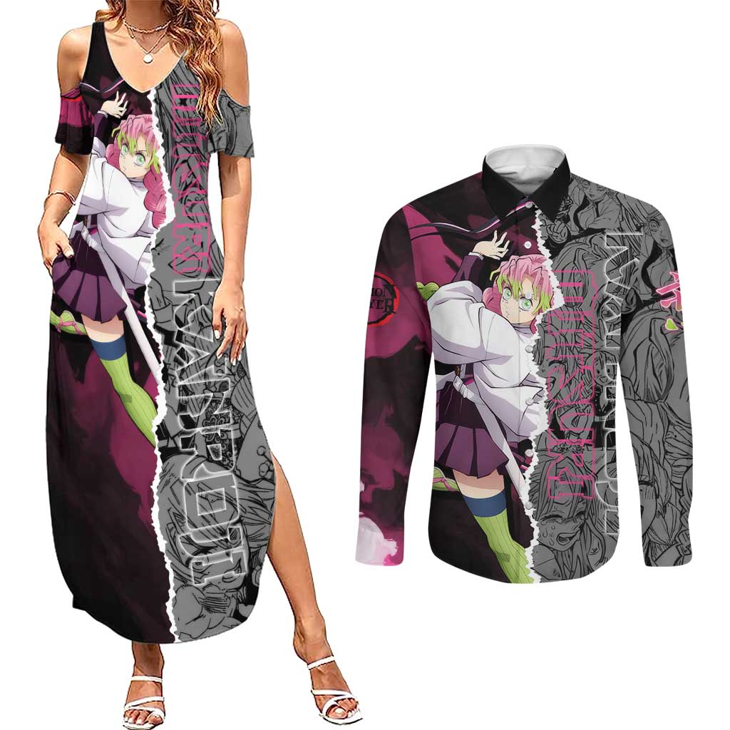 Mitsuri Kanroji Demon Slayer Pink and Black Design Couples Matching Summer Maxi Dress and Long Sleeve Button Shirt with Manga Panels and Love Hashira Theme - The Mazicc