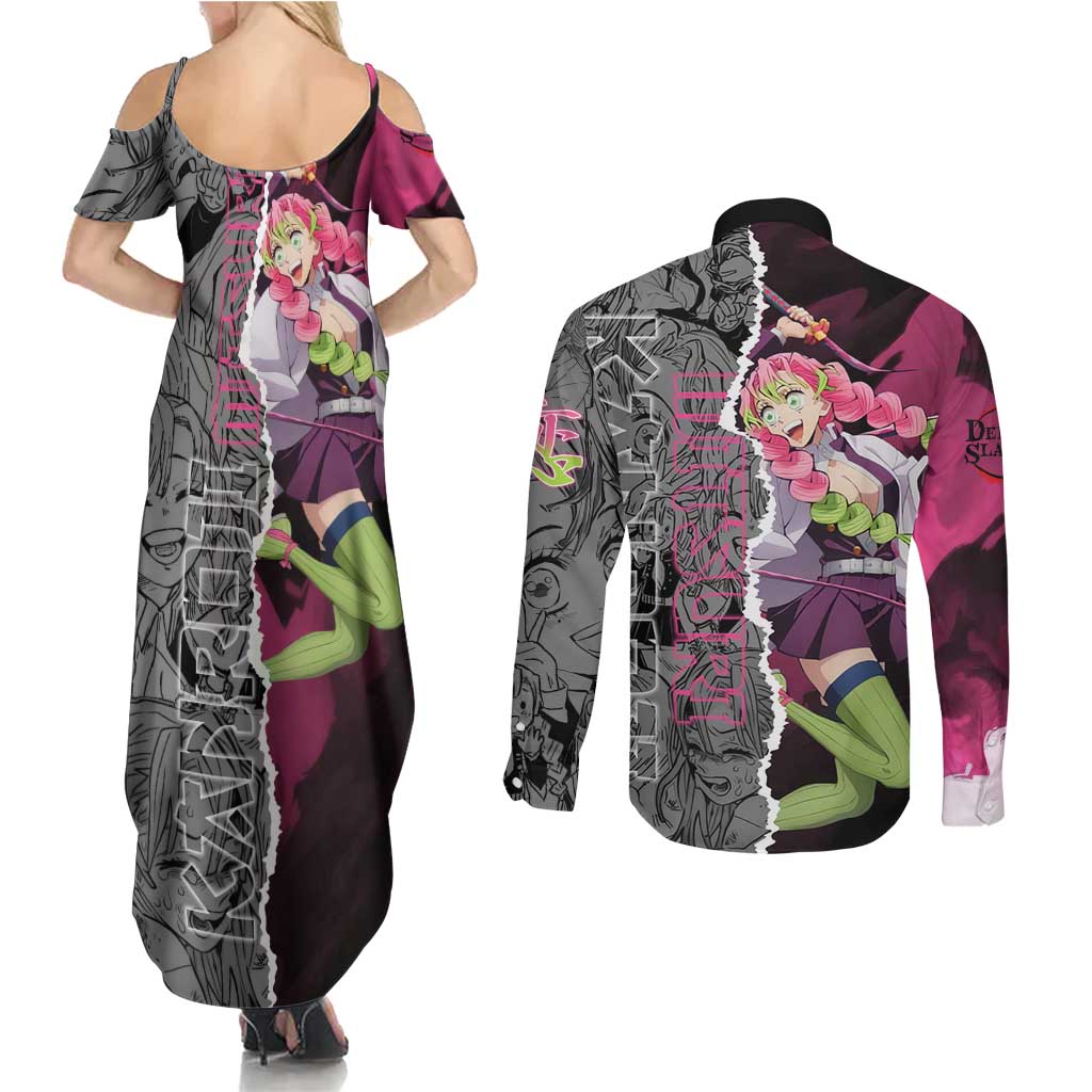 Mitsuri Kanroji Demon Slayer Pink and Black Design Couples Matching Summer Maxi Dress and Long Sleeve Button Shirt with Manga Panels and Love Hashira Theme - The Mazicc