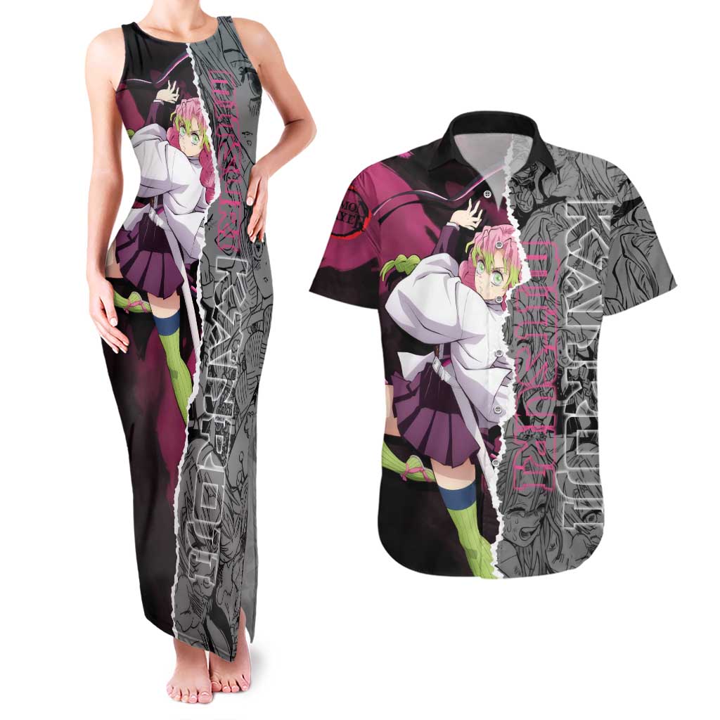 Mitsuri Kanroji Demon Slayer Pink and Black Design Couples Matching Tank Maxi Dress and Hawaiian Shirt with Manga Panels and Love Hashira Theme - The Mazicc