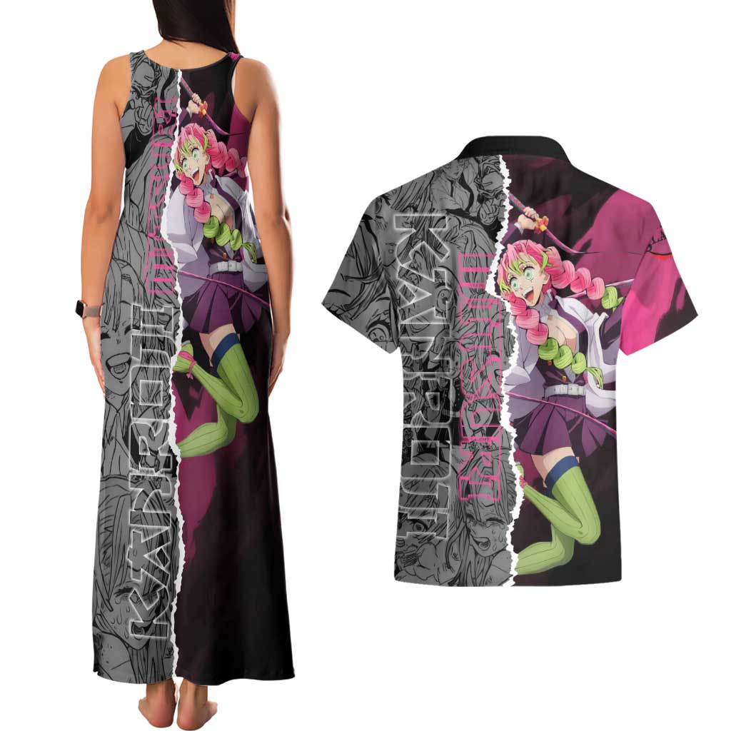 Mitsuri Kanroji Demon Slayer Pink and Black Design Couples Matching Tank Maxi Dress and Hawaiian Shirt with Manga Panels and Love Hashira Theme - The Mazicc