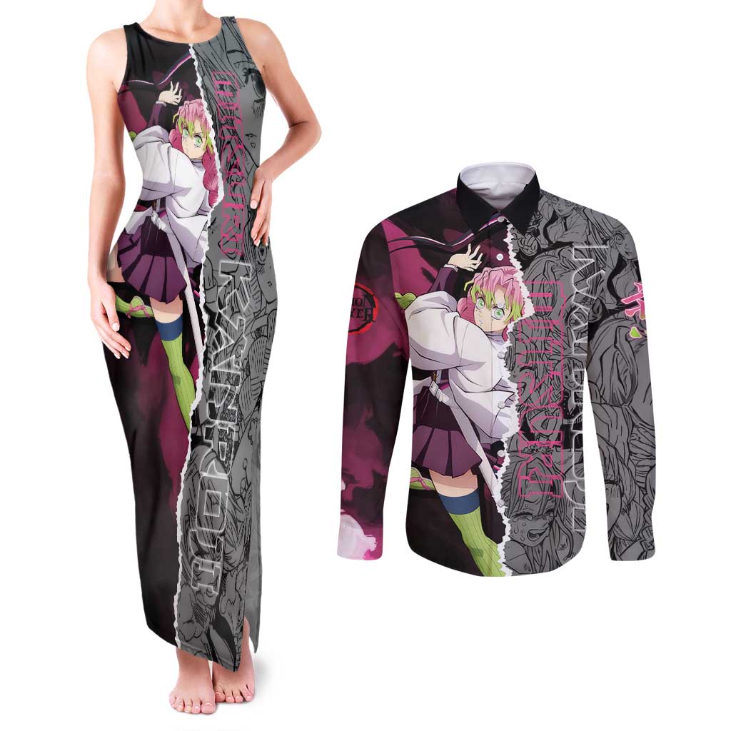 Mitsuri Kanroji Demon Slayer Pink and Black Design Couples Matching Tank Maxi Dress and Long Sleeve Button Shirt with Manga Panels and Love Hashira Theme - The Mazicc