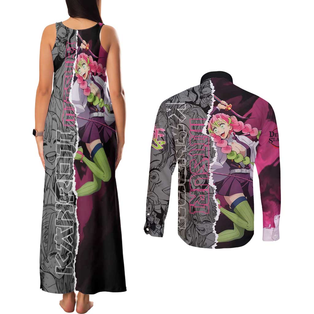Mitsuri Kanroji Demon Slayer Pink and Black Design Couples Matching Tank Maxi Dress and Long Sleeve Button Shirt with Manga Panels and Love Hashira Theme - The Mazicc