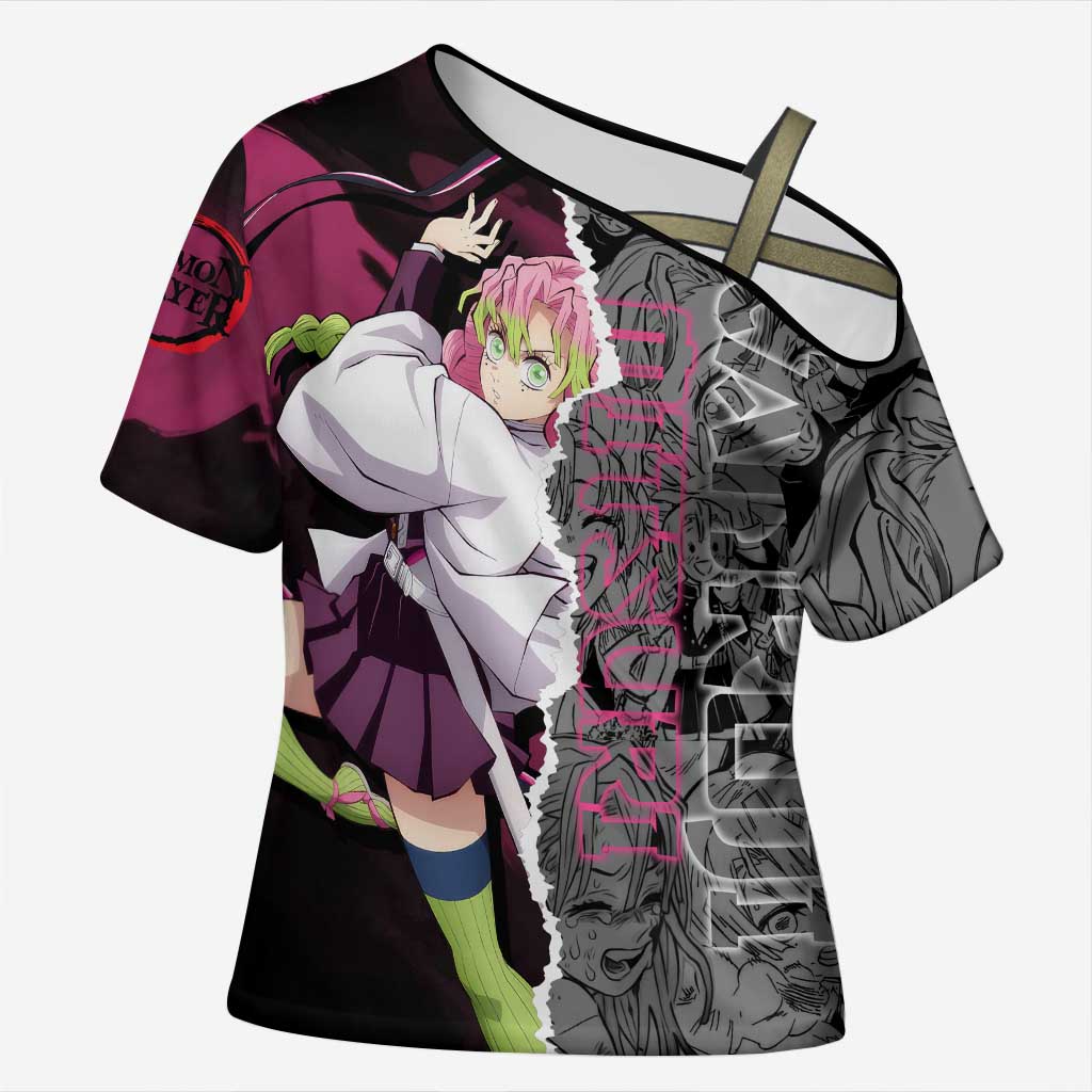 Mitsuri Kanroji Demon Slayer Pink and Black Design Cross Shoulder Shirt with Manga Panels and Love Hashira Theme - The Mazicc