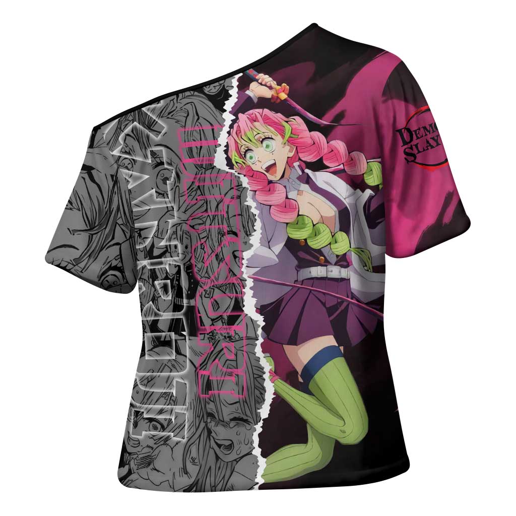 Mitsuri Kanroji Demon Slayer Pink and Black Design Cross Shoulder Shirt with Manga Panels and Love Hashira Theme - The Mazicc