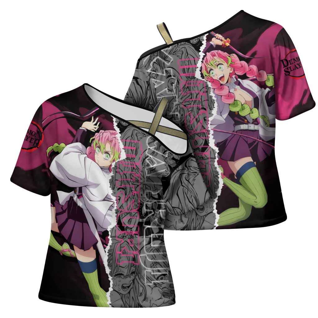 Mitsuri Kanroji Demon Slayer Pink and Black Design Cross Shoulder Shirt with Manga Panels and Love Hashira Theme - The Mazicc