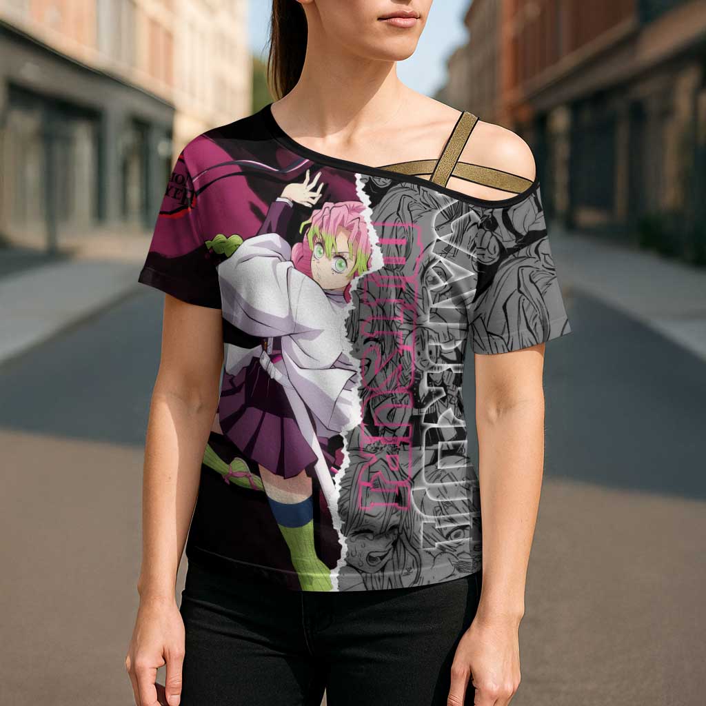 Mitsuri Kanroji Demon Slayer Pink and Black Design Cross Shoulder Shirt with Manga Panels and Love Hashira Theme - The Mazicc
